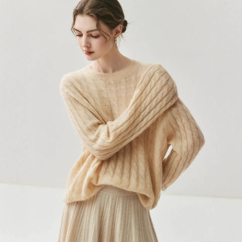 Luxury Cashmere Silk Cable Knit Oversized Crew Neck Pullover Sweater