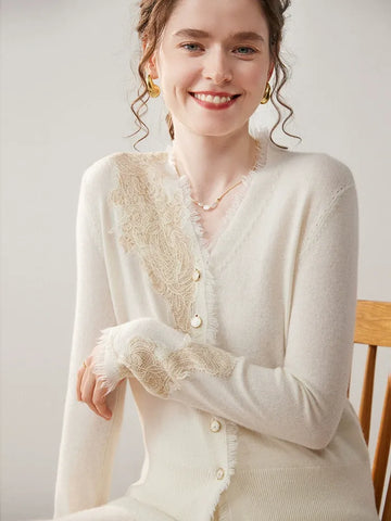 Women's Floral Lace Trim Cashmere Wool V-Neck Knitwear Cardigan