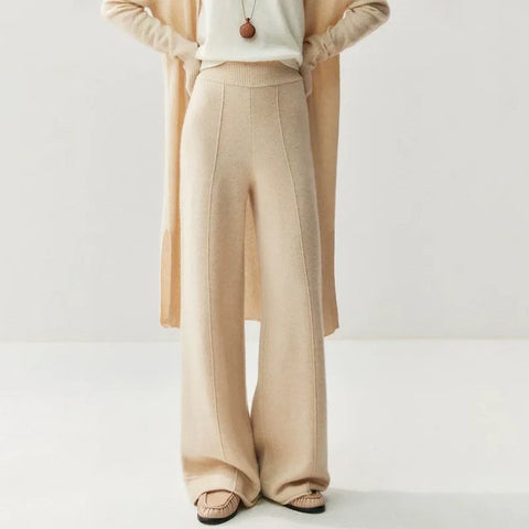 Luxury Women's Cashmere Wide-Leg Knit Trousers Long Waistband Pant