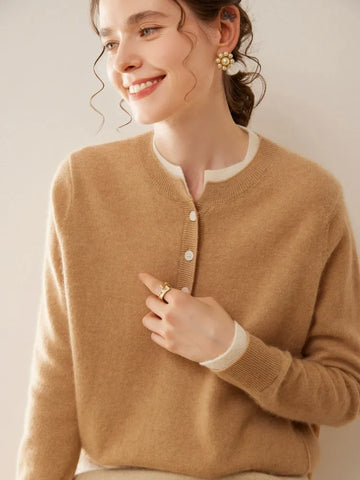 100% Cashmere Button-Front Knit Pullover Crew Neck Colorblock Sweater
