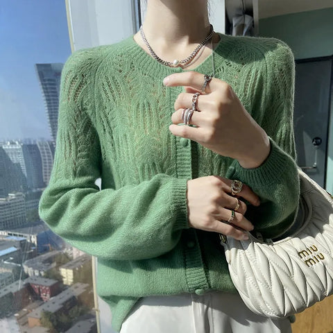 Soft Women's Openwork Pointelle Knit Cashmere Silk Cardigan