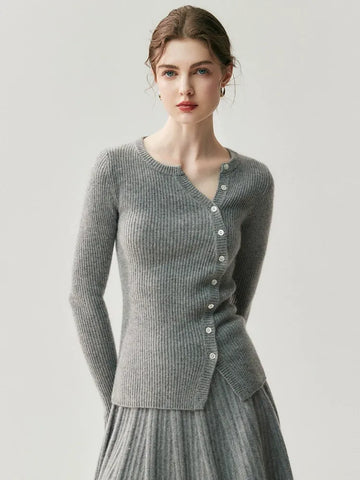 Women's Asymmetric Button Front Fitted Knit Ribbed Cashmere Sweater