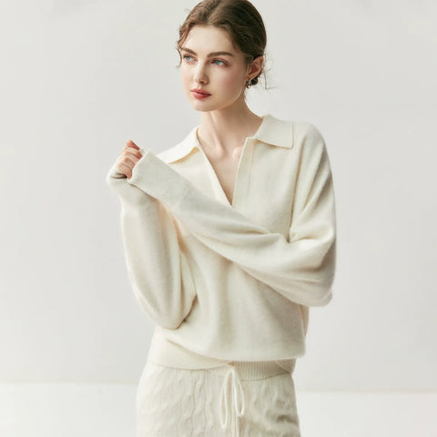 Women's Cashmere Blend Relaxed Knit Pullover Polo Collar Sweater