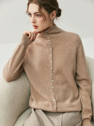 Women's Mock Neck Cashmere Ribbed Cuffs Button Front Sweater Cardigan