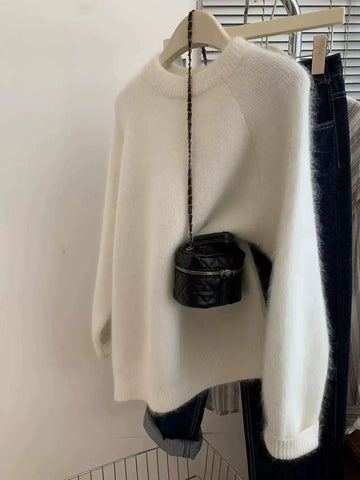 Women's Relaxed Crew Neck Knit Pullover Cashmere Wool Sweater