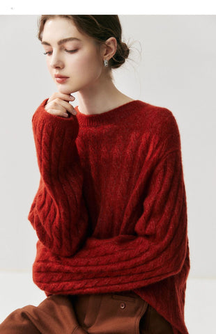 Luxury Cashmere Silk Cable Knit Oversized Crew Neck Pullover Sweater