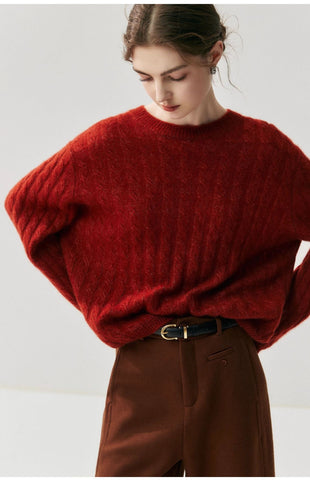 Luxury Cashmere Silk Cable Knit Oversized Crew Neck Pullover Sweater