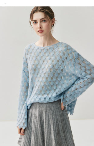 Women's Round Neck Cashmere Silk Openwork Knit Pullover Pointelle Sweater