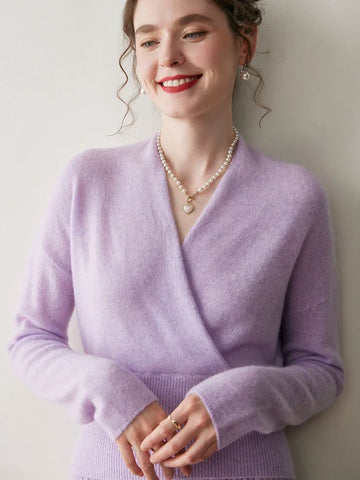 Women's Cashmere Blend Wrap Soft Pullover Sweater with Ribbed Waist