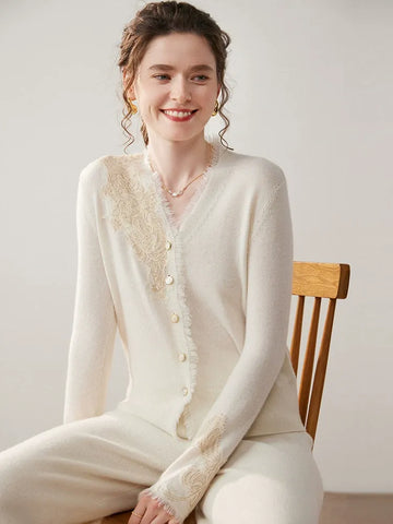 Women's Floral Lace Trim Cashmere Wool V-Neck Knitwear Cardigan