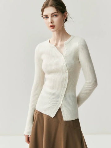 Women's Asymmetric Button Front Fitted Knit Ribbed Cashmere Sweater