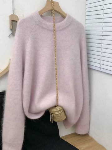 Women's Relaxed Crew Neck Knit Pullover Cashmere Wool Sweater