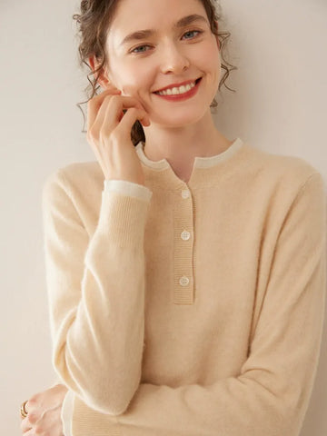 100% Cashmere Button-Front Knit Pullover Crew Neck Colorblock Sweater