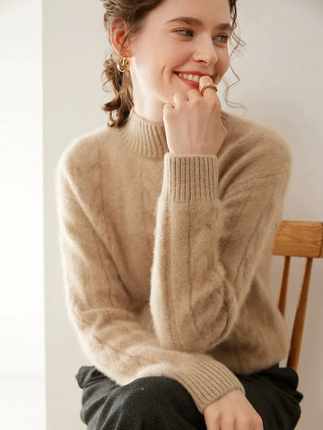 Women’s 100% Pure Cashmere Cable Knit Mock Neck Ribbed Hem Pullover Sweater