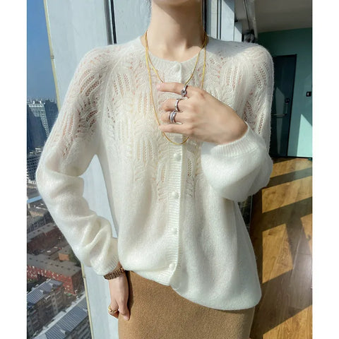 Soft Women's Openwork Pointelle Knit Cashmere Silk Cardigan