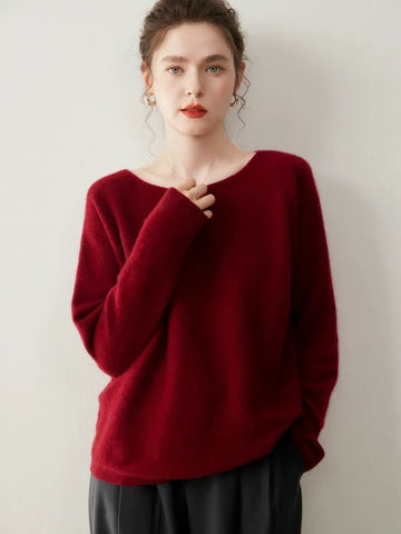 Elegant Relaxed Fit Knit Pullover Women's Cashmere Wool Boat Neck Sweater