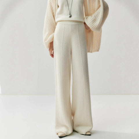 Luxury Women's Cashmere Wide-Leg Knit Trousers Long Waistband Pant
