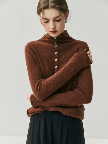 Women's Mock Neck Cashmere Ribbed Cuffs Button Front Sweater Cardigan