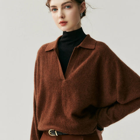 Women's Cashmere Blend Relaxed Knit Pullover Polo Collar Sweater