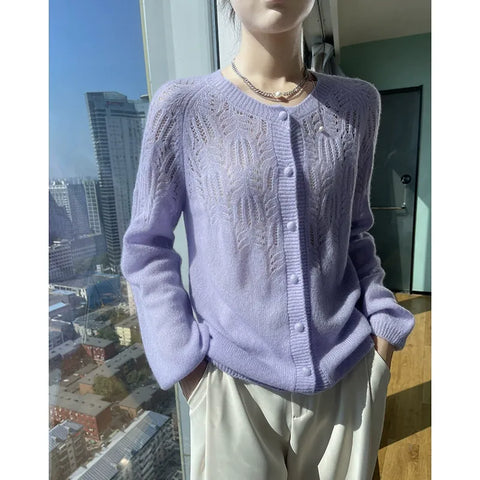 Soft Women's Openwork Pointelle Knit Cashmere Silk Cardigan