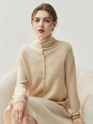 Women's Mock Neck Cashmere Ribbed Cuffs Button Front Sweater Cardigan