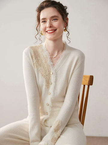 Women's Floral Lace Trim Cashmere Wool V-Neck Knitwear Cardigan