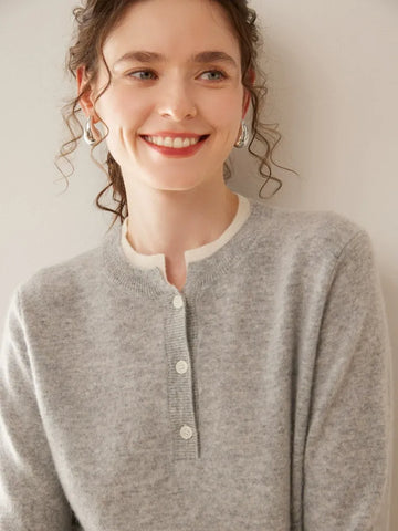 100% Cashmere Button-Front Knit Pullover Crew Neck Colorblock Sweater