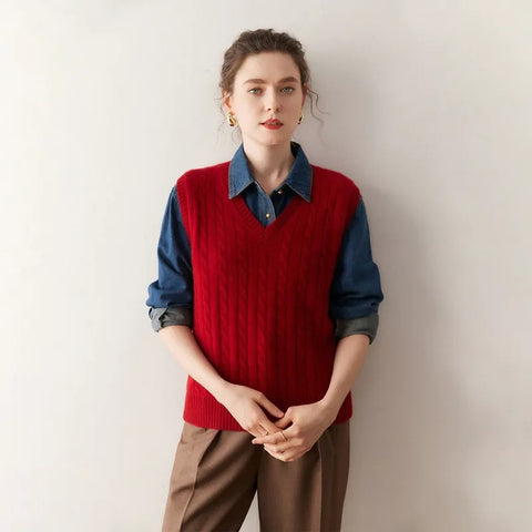 Classic Cable-Knit Cashmere V-Neck Sweater Vest Sleeveless Top