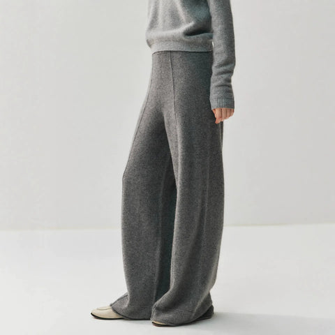 Luxury Women's Cashmere Wide-Leg Knit Trousers Long Waistband Pant