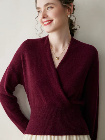 Women's Cashmere Blend Wrap Soft Pullover Sweater with Ribbed Waist