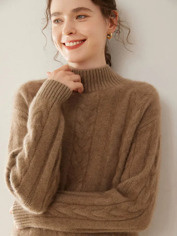 Women’s 100% Pure Cashmere Cable Knit Mock Neck Ribbed Hem Pullover Sweater