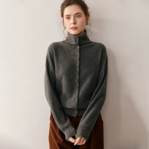Soft Chic High-Neck Cashmere-Wool  Button-Up Cardigan