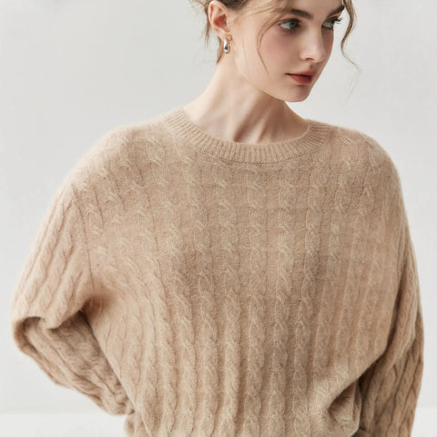 Luxury Cashmere Silk Cable Knit Oversized Crew Neck Pullover Sweater