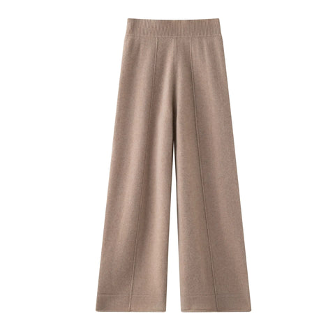Luxury Women's Cashmere Wide-Leg Knit Trousers Long Waistband Pant