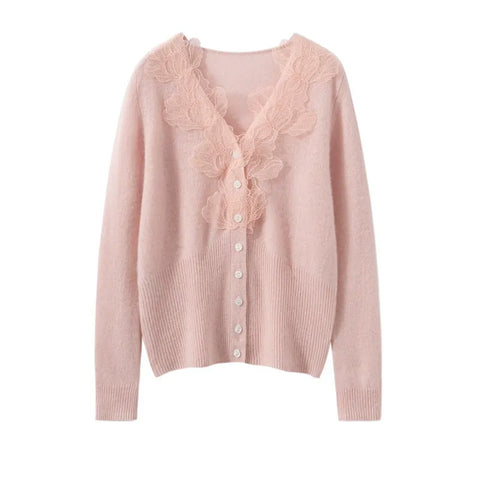 Soft V-Neck Button Front Knit Lace Trim Cashmere Wool Cardigan Sweater