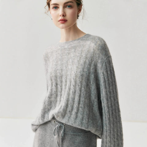 Luxury Cashmere Silk Cable Knit Oversized Crew Neck Pullover Sweater