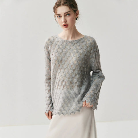 Women's Round Neck Cashmere Silk Openwork Knit Pullover Pointelle Sweater