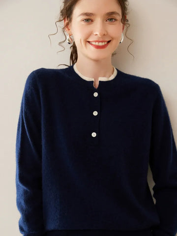 100% Cashmere Button-Front Knit Pullover Crew Neck Colorblock Sweater
