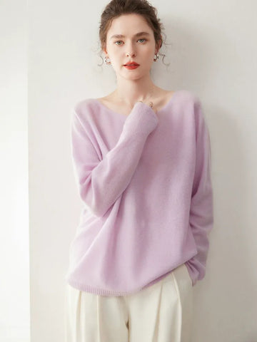 Elegant Relaxed Fit Knit Pullover Women's Cashmere Wool Boat Neck Sweater