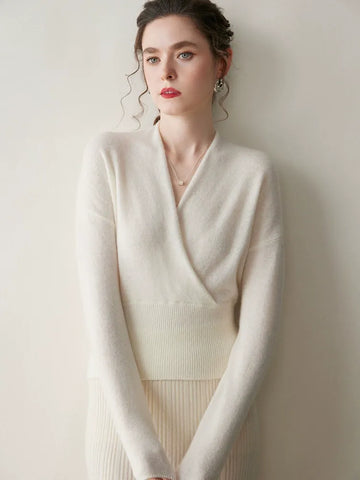 Women's Cashmere Blend Wrap Soft Pullover Sweater with Ribbed Waist
