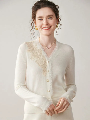 Women's Floral Lace Trim Cashmere Wool V-Neck Knitwear Cardigan