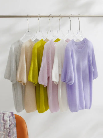 Women's  Crew Neck Cashmere Silk Puff Sleeve Knit Sweater
