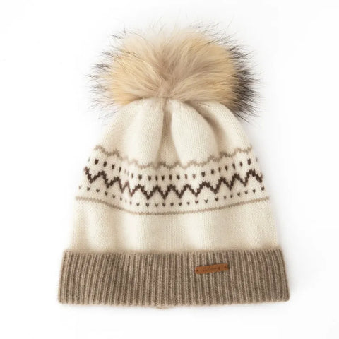 100% Cashmere Fair Isle Knit Beanie Hat with Fur Pom-Pom  For Women