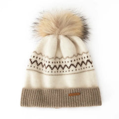 100% Cashmere Fair Isle Knit Beanie Hat with Fur Pom-Pom
