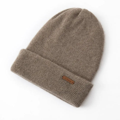 Classic Double-Layer Cashmere Beanie Knit Unisex Hat with Fold-Over Cuff