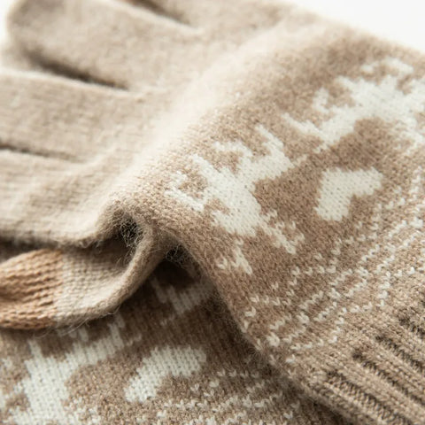 Winter Cashmere Reindeer Pattern Touch Screen Soft Warm Stretch Knit Mittens Gloves