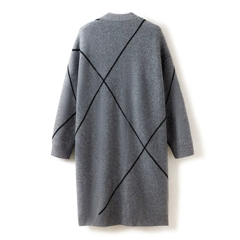 100% Cashmere Long Loose Cardigan for Women Geometric Knit Button Sweater Coat