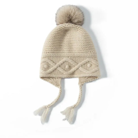 100% Cashmere Winter Knit Ear Protection Skull Cap with Pompom