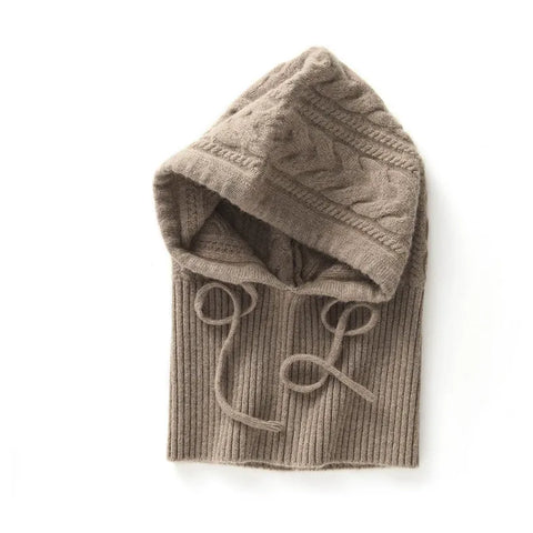 Warm Windproof Cable-Knit Pure Cashmere Ribbed Hood with Drawstrings