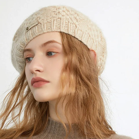 Pure Cashmere Knit Beret Hat Hand Crocheted Thick Yarn Soft Winter Beanie